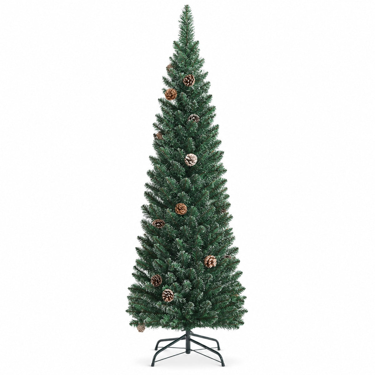 Airfind 5 Ft Slim Snow-Flocked Pencil Christmas Tree featuring 214 Branch Tips, 25 Pine Cones and Foldable Metal Stand, Green