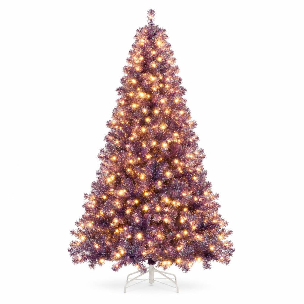 Airfind 7.5 FT Pre-Lit Purple Tinsel Christmas Tree with Warm White LED Lights, PVC and PET Artificial Fir Tree with Metal Stand, Purple