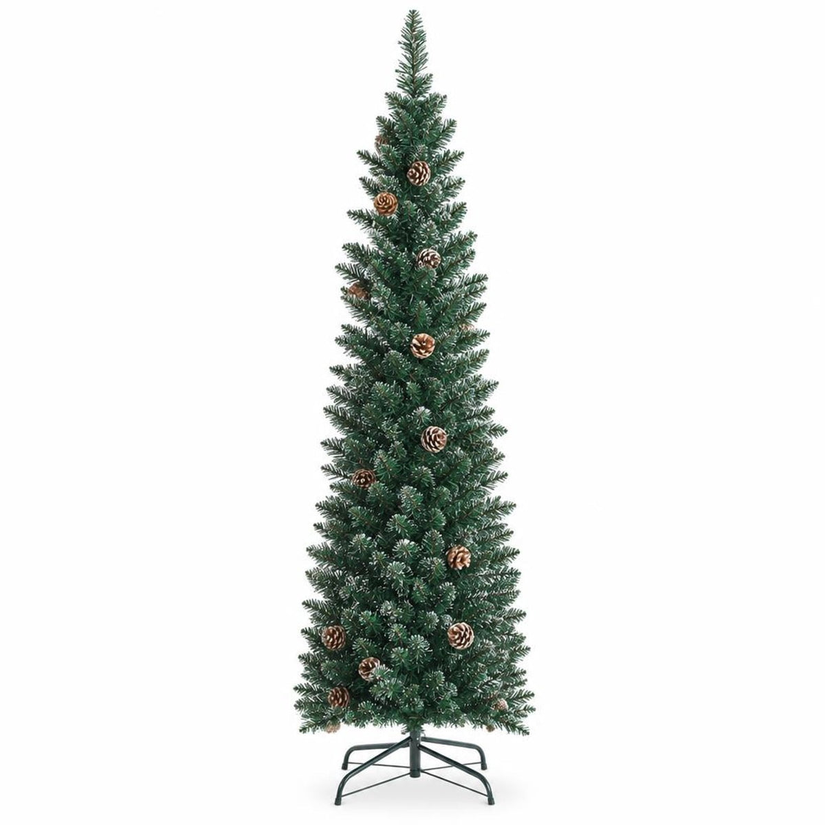 Airfind 7 Ft Pencil Christmas Tree featuring Snowy PVC Branches, 351 Tips, 41 Pine Cones and Foldable Metal Stand for Holiday Decor, Green