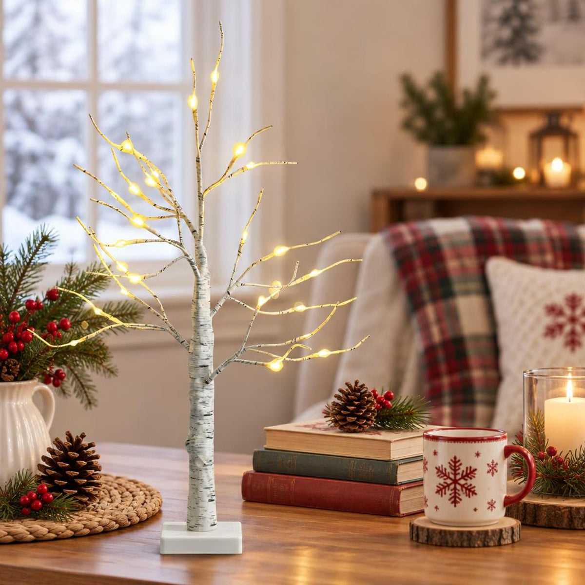 AIRFIND Artificial Birch Tree 2 ft with 24 Warm White LED Lights, Bendable Branches and Battery-Powered Base for Indoor Holiday Decor, White