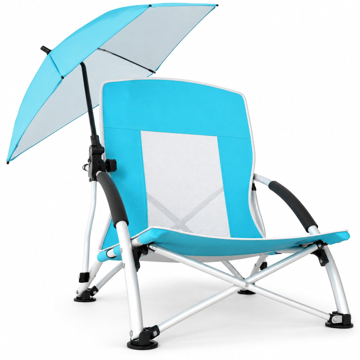 AIRFIND Beach Chair with Adjustable Clamp-On Umbrella, Folding Frame, Mesh Panels, Padded Armrests and Carry Bag, Blue