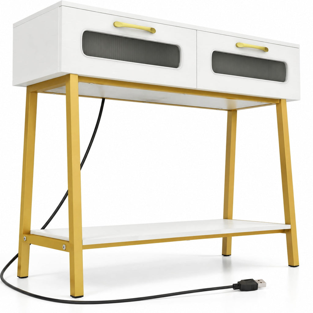 AIRFIND Console Table with LED Lights, 2 Fluted-Front Drawers and Open Shelf, 36 inch Entryway Sofa Table with Metal Legs, White and Gold