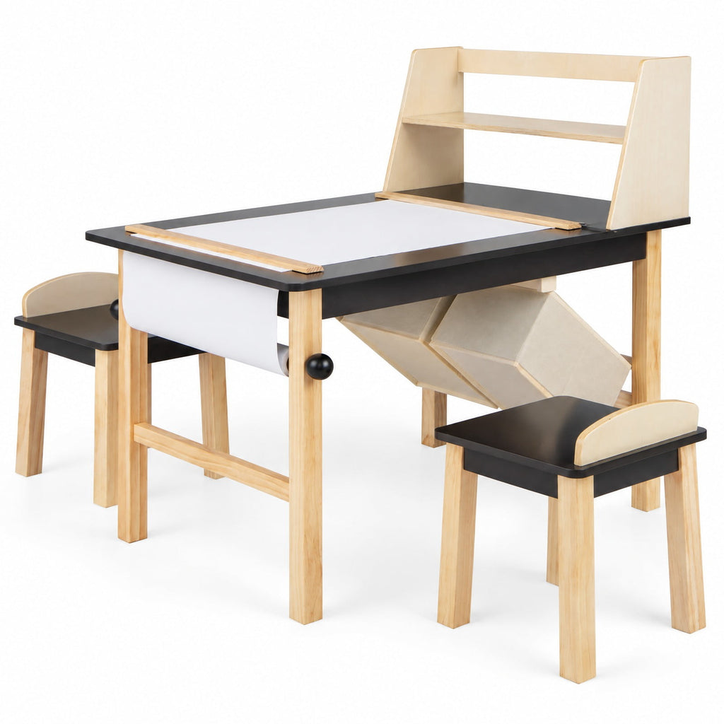 AIRFIND Kids Art Table and Two Chairs with Paper Roll, Raised Storage Shelf and Bins, Pine Wood Legs for Ages 3 and Up, Coffee and Natural