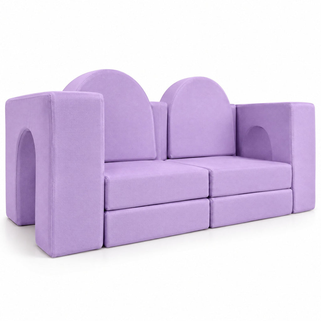 AIRFIND Kids Play Couch 8-Piece Modular Foam Sofa with Cushions, Arches and Half Moons, Removable Washable Suede Fabric Covers, Purple