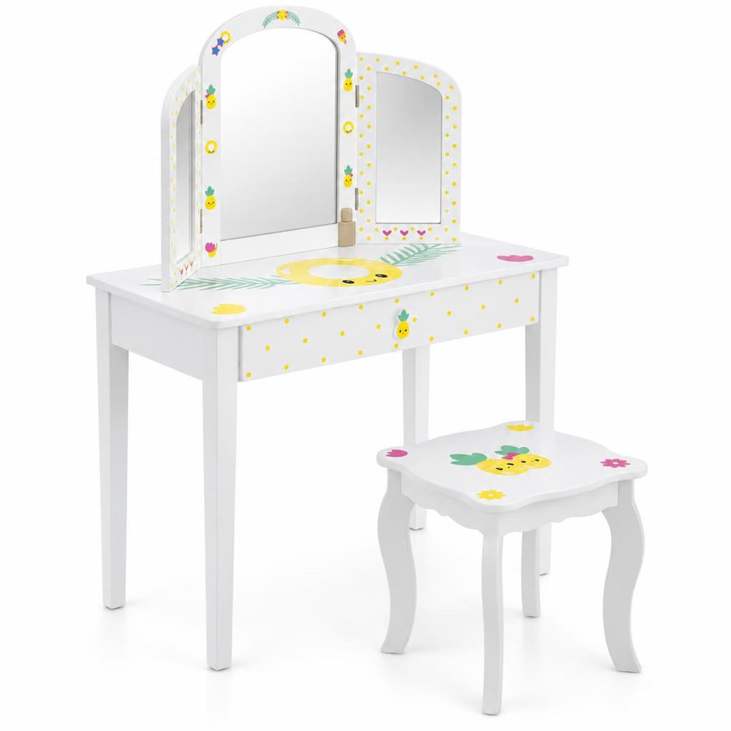 Airfind Youth Vanity Table and Stool Set with Tri-Folding Mirror, Large Storage Drawer and Anti-Tip Design for Bedroom, White