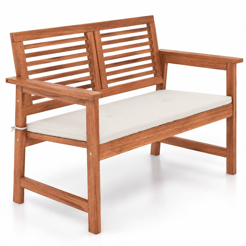 AIRFIND Outdoor Bench for 2 with Solid Wood Frame, Slatted Backrest and Tie-On Seat Cushion, 43.5 inch Patio Loveseat, Natural and Off White