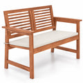 AIRFIND Outdoor Bench for 2 with Solid Wood Frame, Slatted Backrest and Tie-On Seat Cushion, 43.5 inch Patio Loveseat, Natural and Off White