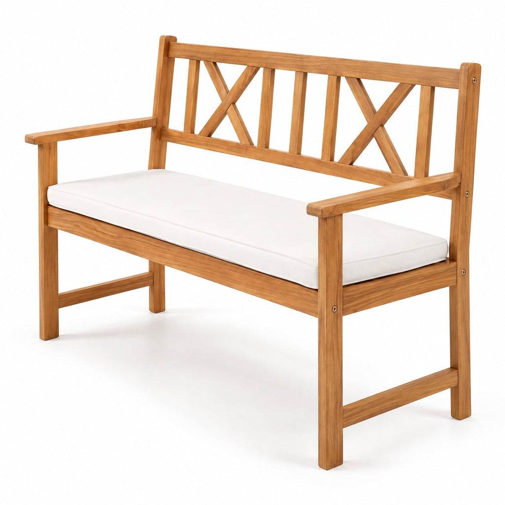 AIRFIND Patio Bench for Two with Acacia Wood Frame, X-Pattern Backrest and Removable Seat Cushion, 47 in Garden Seating, Natural and White