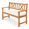 AIRFIND Patio Bench for Two with Acacia Wood Frame, X-Pattern Backrest and Removable Seat Cushion, 47 in Garden Seating, Natural and White