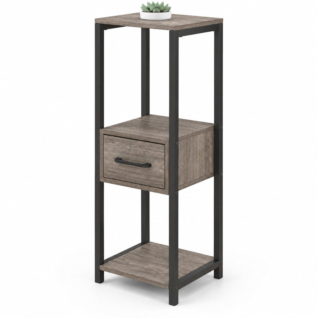 AIRFIND Plant Stand with Three Display Tiers and Storage Drawer, Tall Metal Frame Shelf for Potted Plants, 12 x 12 x 36 in, Gray and Black