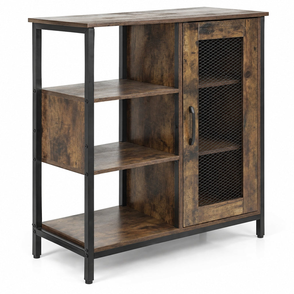 AIRFIND Storage Cabinet with Mesh Door, 3 Open Shelves and 2 Adjustable Interior Shelves, 27.5 in Industrial Buffet Sideboard, Rustic Brown