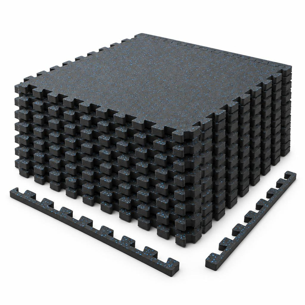 Airfind 0.79 inch Thick Rubber Top Exercise Mat 48 Sq Ft with Boarders-Black Blue, Rubber PE Foam Frame, of 12 Tiles 6 x 8 ft Total Footprint