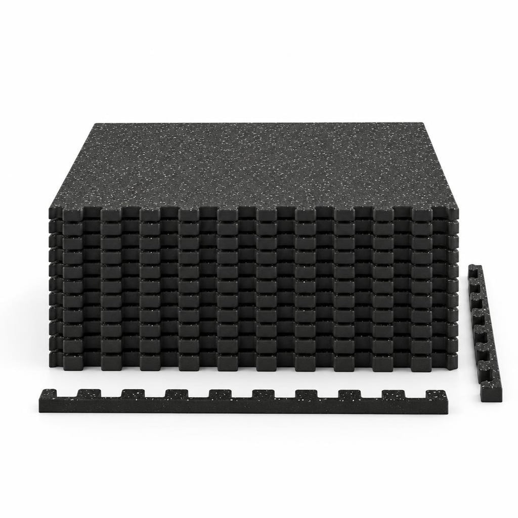 Airfind 0.79 inch Thick Rubber Top Exercise Mat 48 Sq Ft with Boarders, Rubber PE Foam Frame, of 12 Tiles 6 x 8 ft Total Footprint, Black