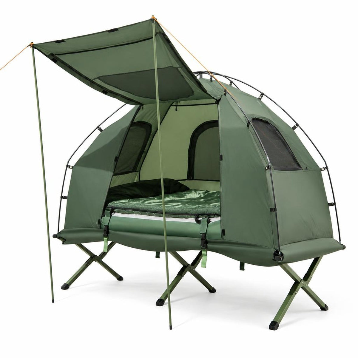 Airfind 1-Person Folding Camping Tent with Sunshade and Air Mattress, 300 lbs Capacity, 77 Inch x 35 Inch x 66 Inch Footprint, Green