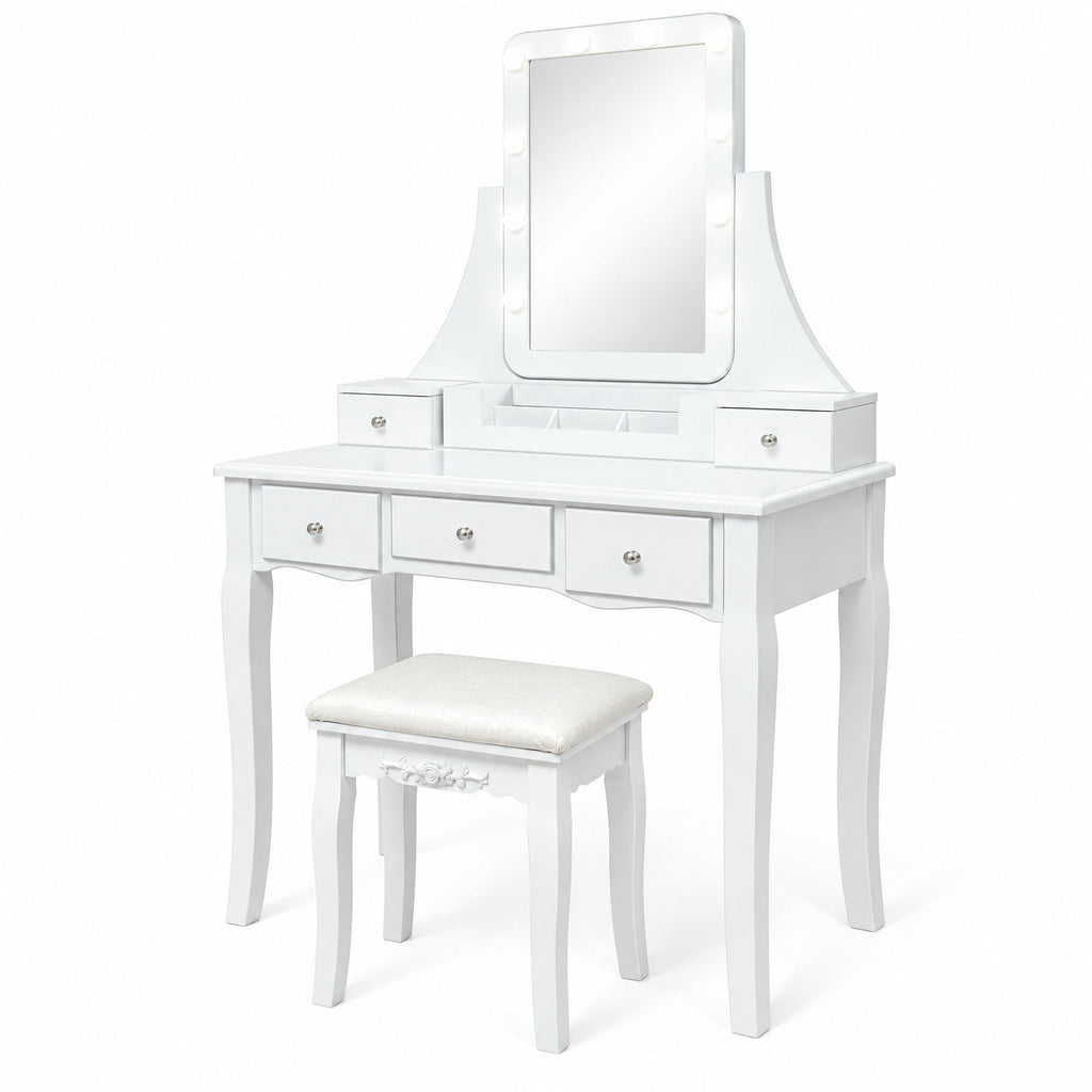 Airfind 10 Dimmable Light Bulbs Vanity Dressing Table with 2 Dividers and Cushioned Stool, 286 lbs Capacity, MDF Frame, White