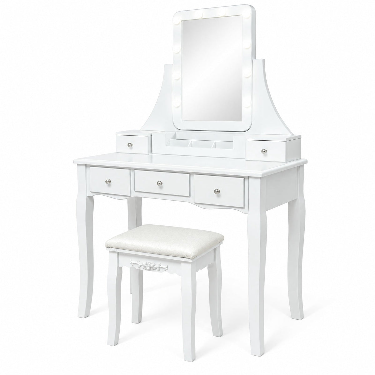 Airfind 10 Dimmable Light Bulbs Vanity Dressing Table with 2 Dividers and Cushioned Stool, 286 lbs Capacity, MDF Frame, White