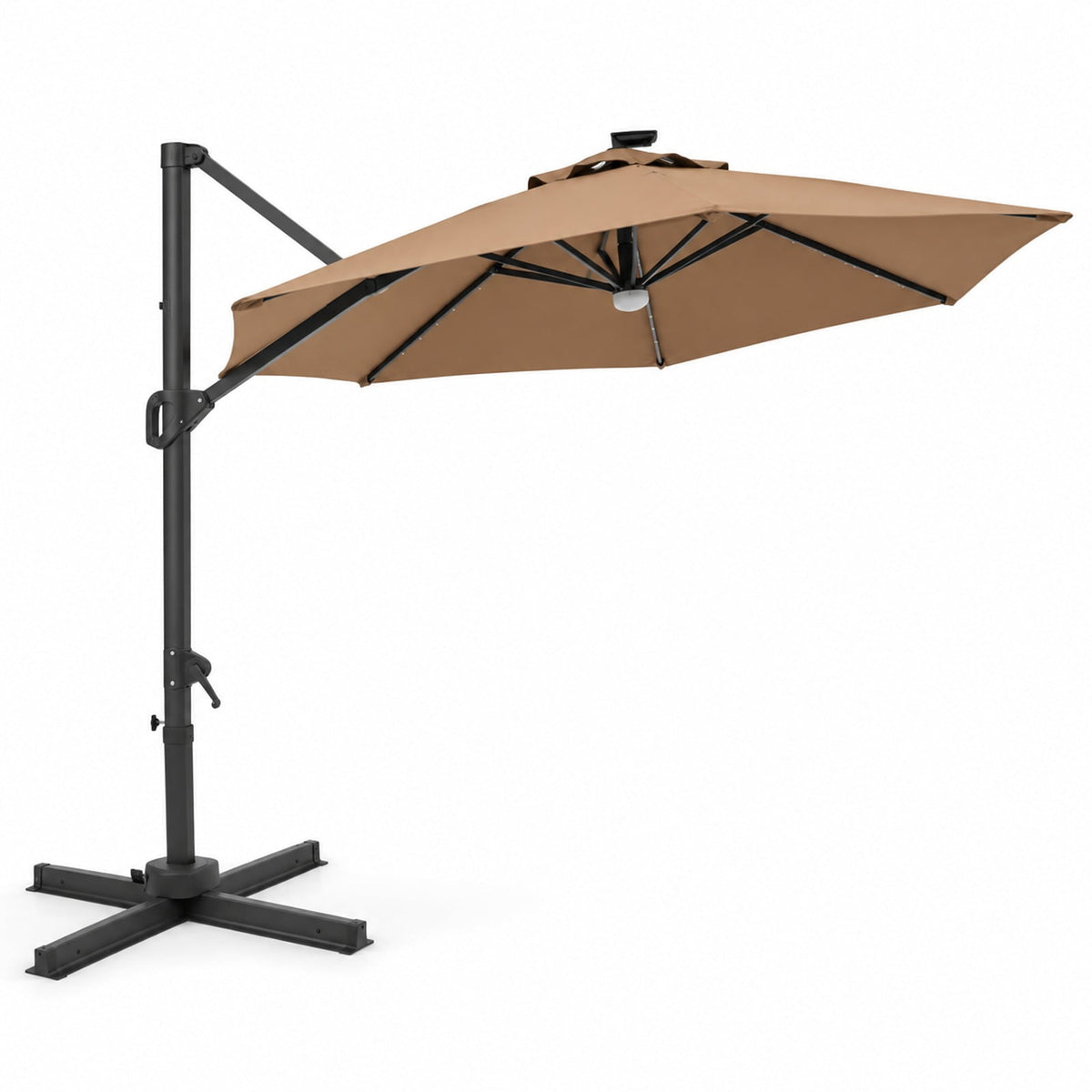 Airfind 10 FT Cantilever Patio Umbrella with Solar LED Lights 360° Rotation, Polyester Fabric Aluminum Metal PC ABS Frame, Brown