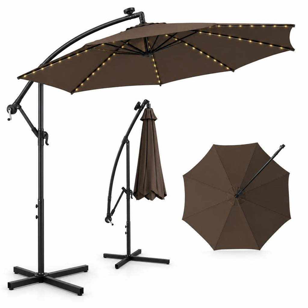 Airfind 10 Feet Patio Offset Umbrella with 112 Solar-Powered LED Lights-Beige, Polyester Fabric Metal Frame, 10 x 8 ft Footprint, Coffee
