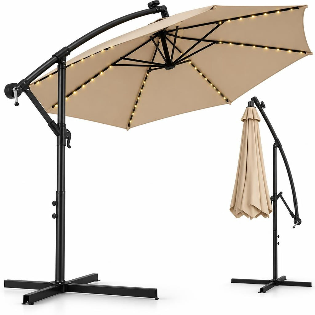 Airfind 10 Feet Patio Offset Umbrella with 112 Solar-Powered LED Lights, Polyester Fabric Metal Frame, 10 x 8 ft Footprint, Beige
