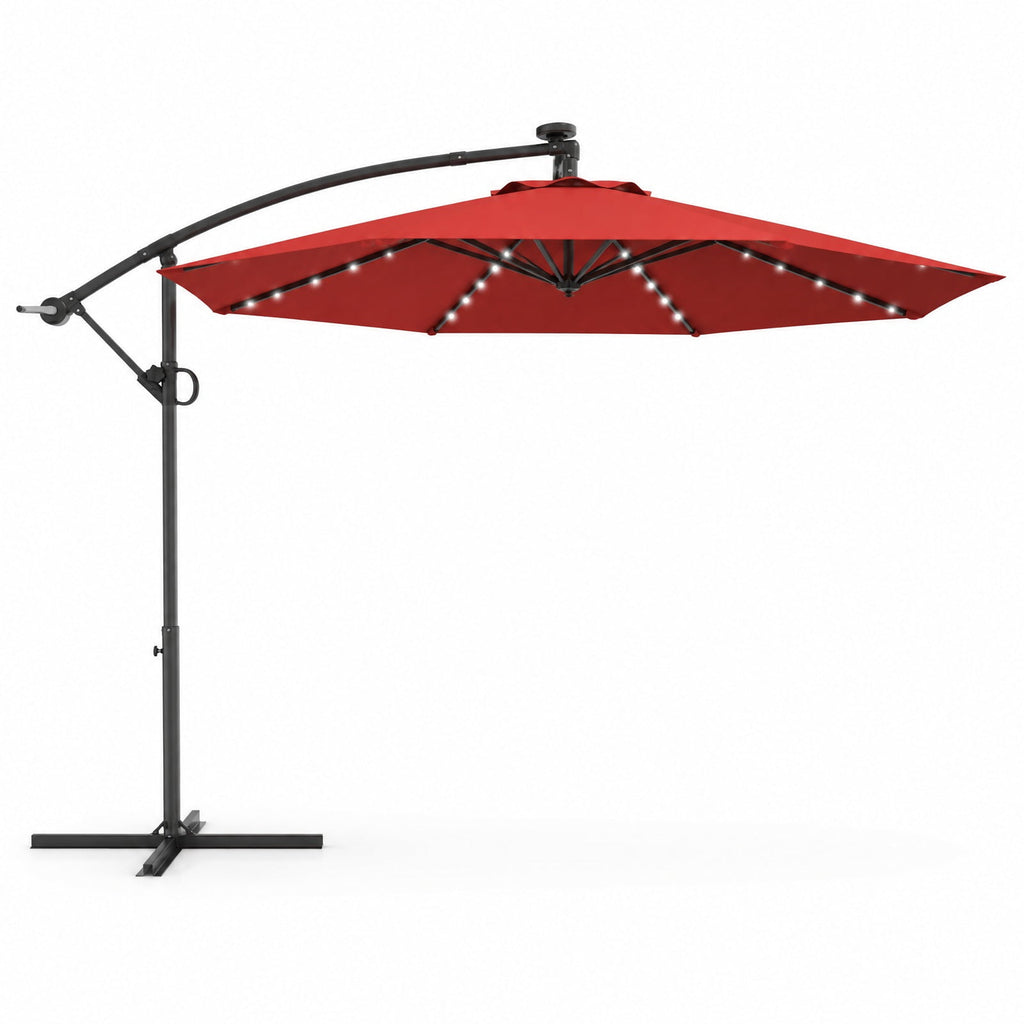 Airfind 10 ft 360° Rotation Solar Powered LED Patio Offset Umbrella without Weight Base, Steel aluminum polyester fabric Frame, 10 x 7.5 Footprint