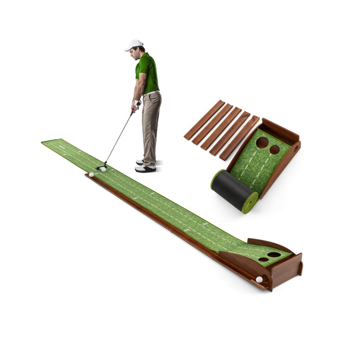 Airfind 10 ft Indoor Putting Mat with Wood Track, Auto Ball Return and 2 Hole Sizes, Brown