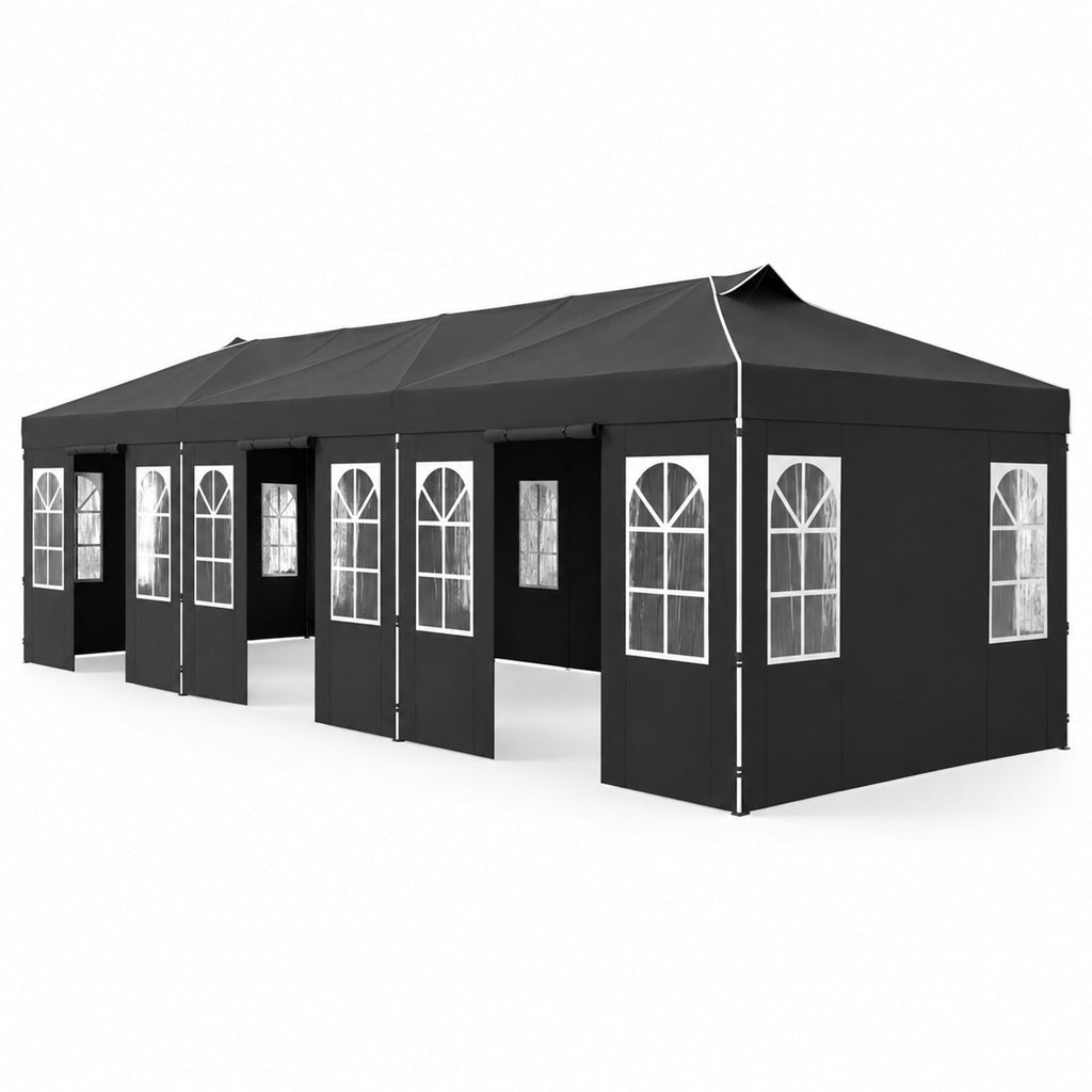 Airfind 10 x 30 FT Pop Up Canopy Tent with 8 Sidewalls and Adjustable Height, PE Metal Fabric Frame, 30 x 10 x 8.5/8.2/7.9 ft Footprint, Black