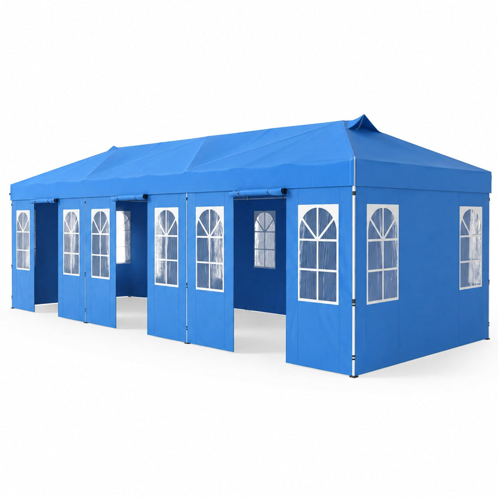 Airfind 10 x 30 FT Pop Up Canopy Tent with 8 Sidewalls and Adjustable Height, PE Metal Fabric Frame, 30 x 10 x 8.5/8.2/7.9 ft Footprint, Blue