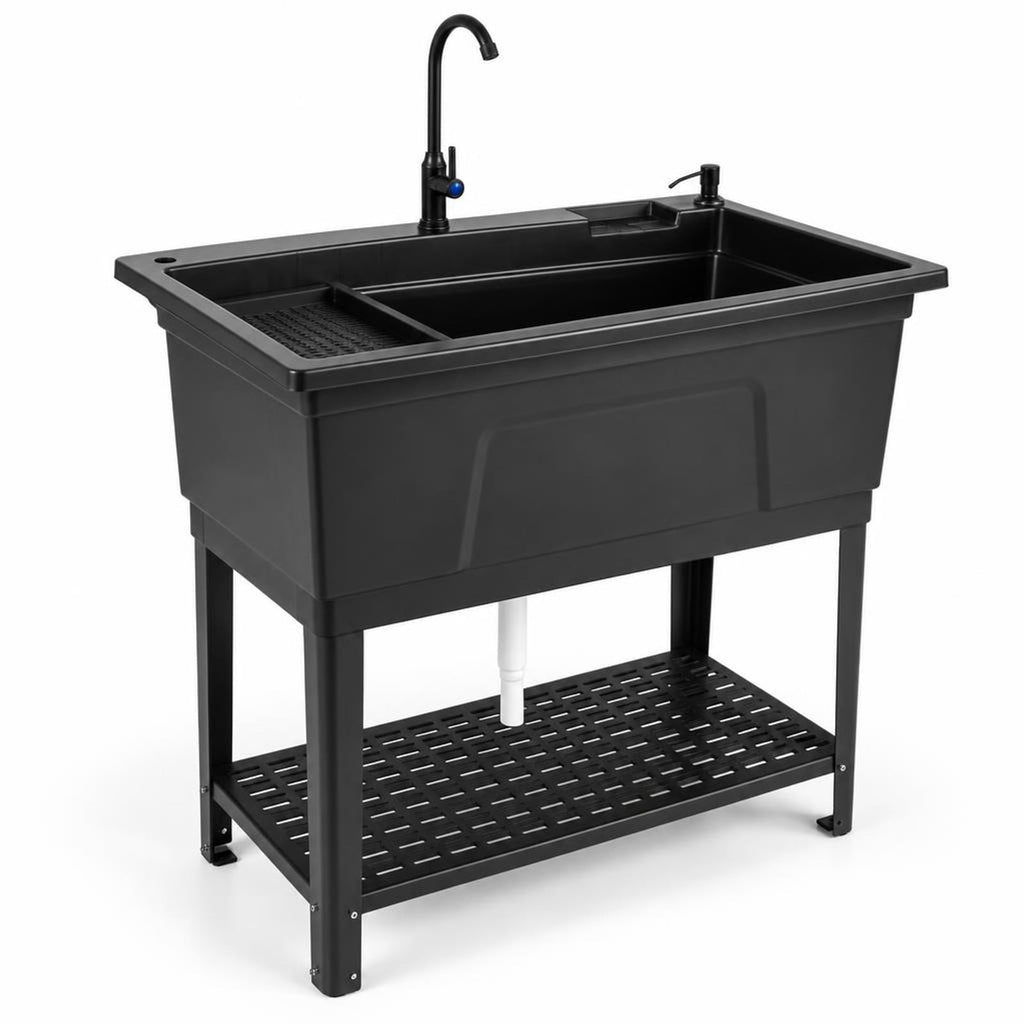 Airfind 100L Utility Sink Laundry Tub with Rotating Faucet and Storage Shelf, Sink 155 lbs Capacity, Metal ABS PP PE Stainless Steel Frame, Black