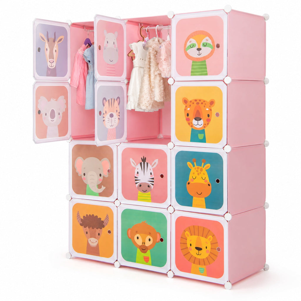 Airfind 12 Cube Youth Wardrobe, Closet with Hanging Section and Doors, PP Metal Frame, 43 Inch x 14 Inch x 57 Inch Footprint with Functional Design, Pink