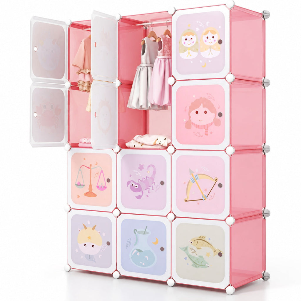 Airfind 12 Cube Kids Wardrobe Closet with Hanging Section and Doors, PP Metal Frame, 43 Inch x 14 Inch x 57 Inch Footprint, Pink