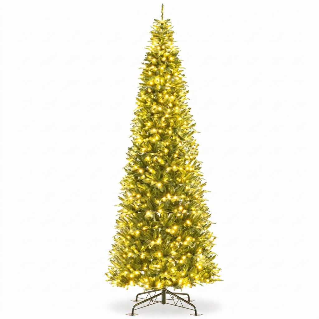 Airfind 12 Feet Tall Prelit Hinged Artificial Christmas Tree with 2517 PVC PE Branch Tips, PVC PE Metal Frame, 1.7 x 4.7 x 52 Footprint, Green