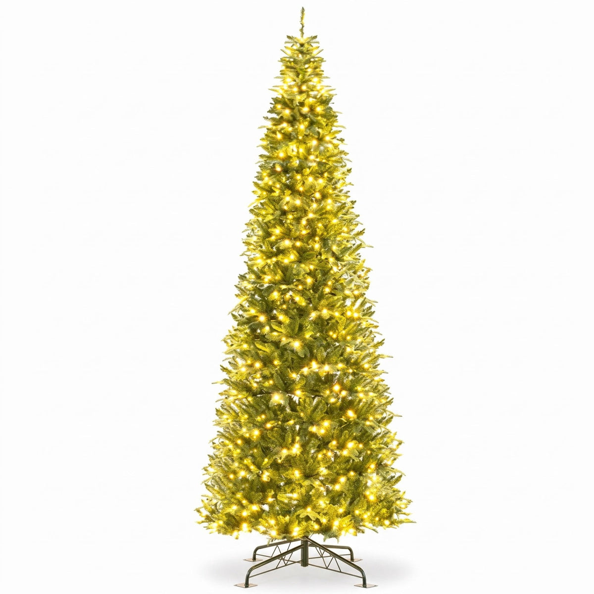Airfind 12 Feet Tall Prelit Hinged Artificial Christmas Tree with 2517 PVC PE Branch Tips, PVC PE Metal Frame, 1.7 x 4.7 x 52 Footprint, Green