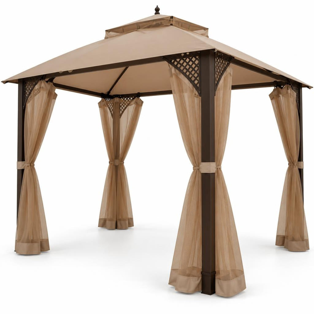 Airfind 12 x 10 Feet Outdoor Double Top Patio Gazebo with Netting, Polyester steel Frame, 12 x 10 x 9.5 Footprint, Brown