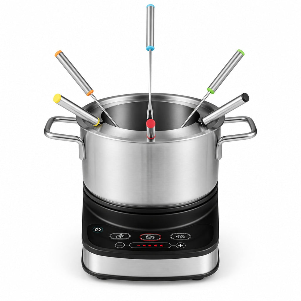 Airfind 1200W Electric Fondue Pot Set with 3.2 QT Removable Pot 6 Color, Stainless Steel PBT Frame, 9.5 × 7 × 3 Footprint, Silver + Black