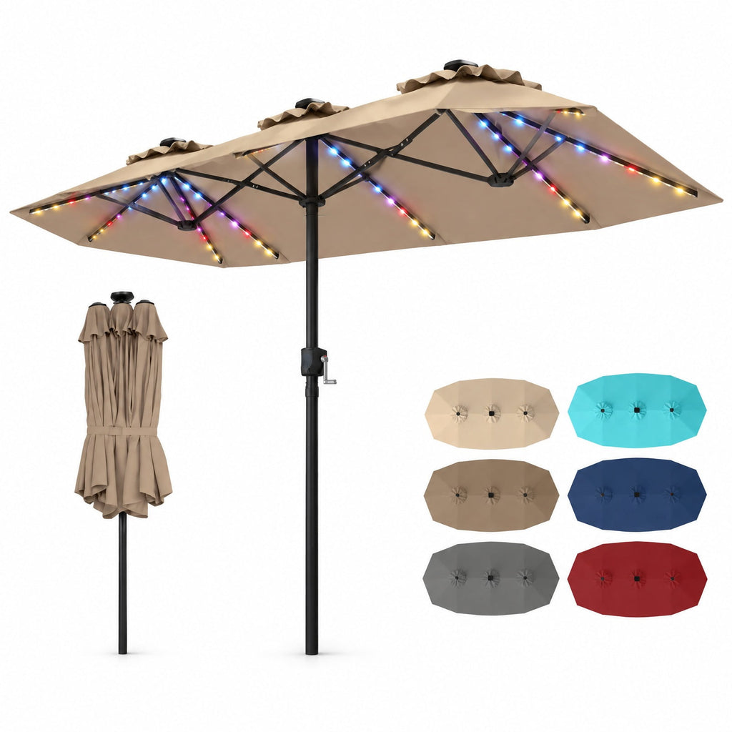 Airfind 13 FT Double-Sided Patio Umbrella with Color-Changing Flowing Solar LED Lights, Polyester Fabric Metal Frame, 13 x 7 ft Footprint, Brown