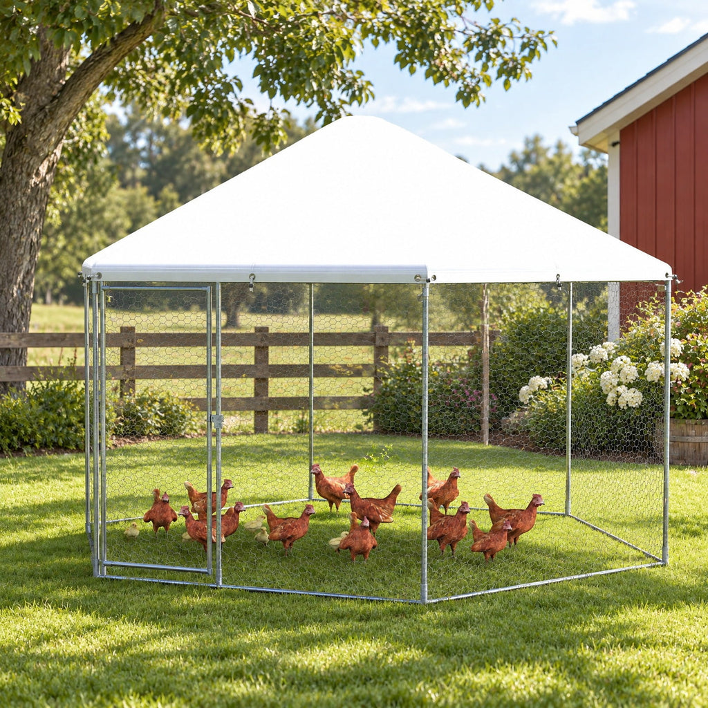 Airfind 13FT Large Metal Hexagonal Chicken Coop with Wire Mesh and Lockable Door, Galvanized Steel 210D Oxford Fabric Frame, Silver