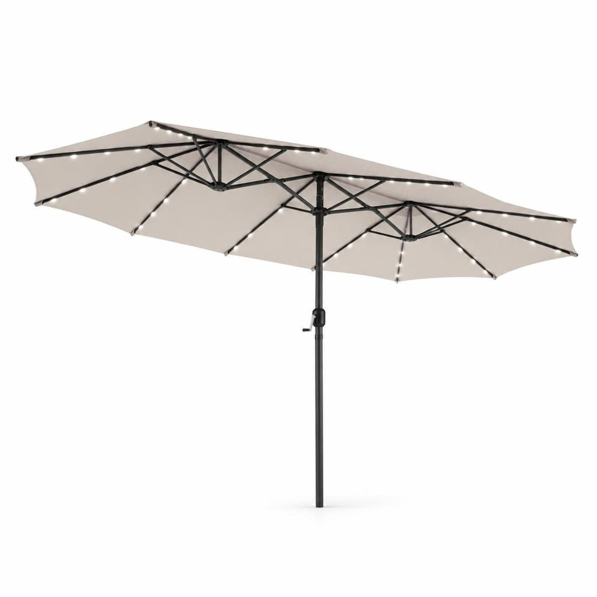 Airfind 15 Feet Twin Patio Umbrella with 48 Solar LED Lights, Steel polyester fabric Frame, 15.4 x 9.2 x 8 (L x W x H) Pole Footprint, Beige