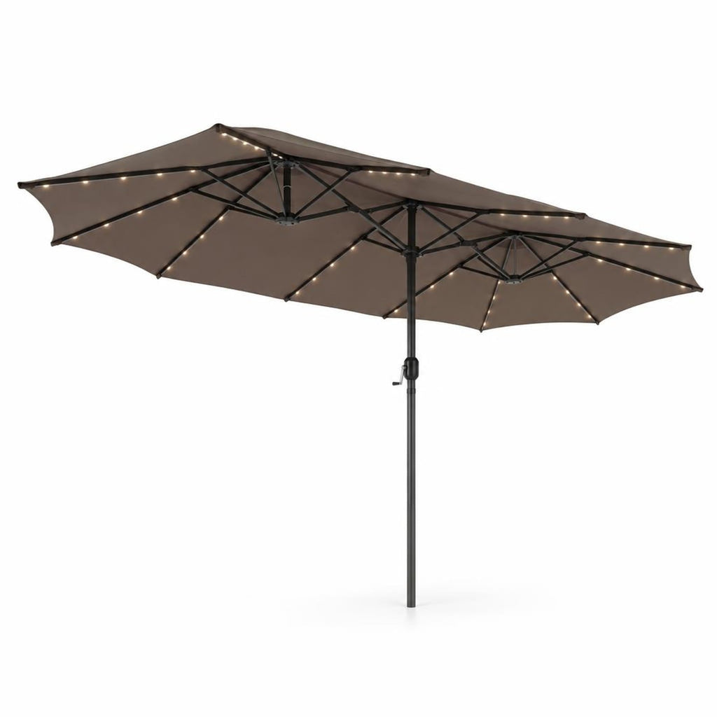 Airfind 15 Feet Twin Patio Umbrella with 48 Solar LED Lights, Steel polyester fabric Frame, 15.4 x 9.2 x 8 (L x W x H) Pole Footprint, Brown