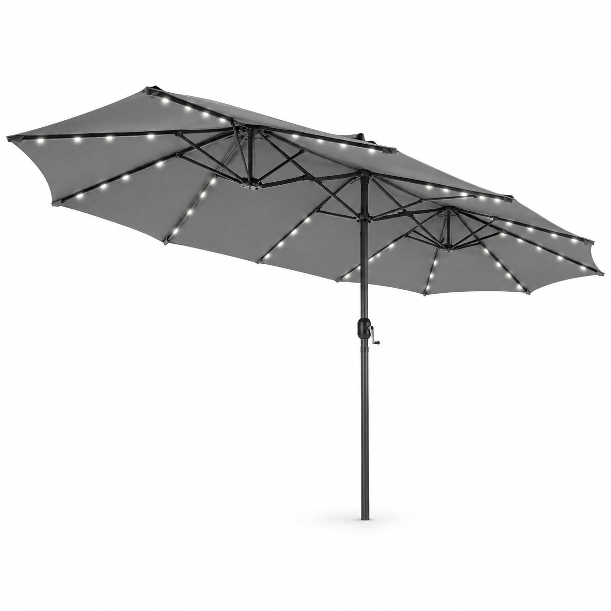 AIRFIND Patio Umbrella with 48 Solar LED Lights, 15 ft Double-Sided Canopy, Hand Crank and 12 Steel Ribs, Base Sold Separately, Gray