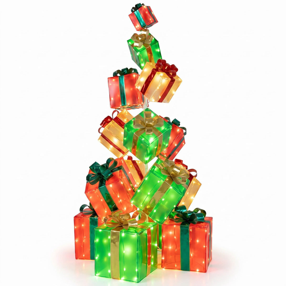 Airfind 15 PCS Lighted Christmas Boxes with Bowknot and 483 LED Light Bulbs for Indoor Outdoor, PVC Fabric Metal Frame, Red + Green + Gold