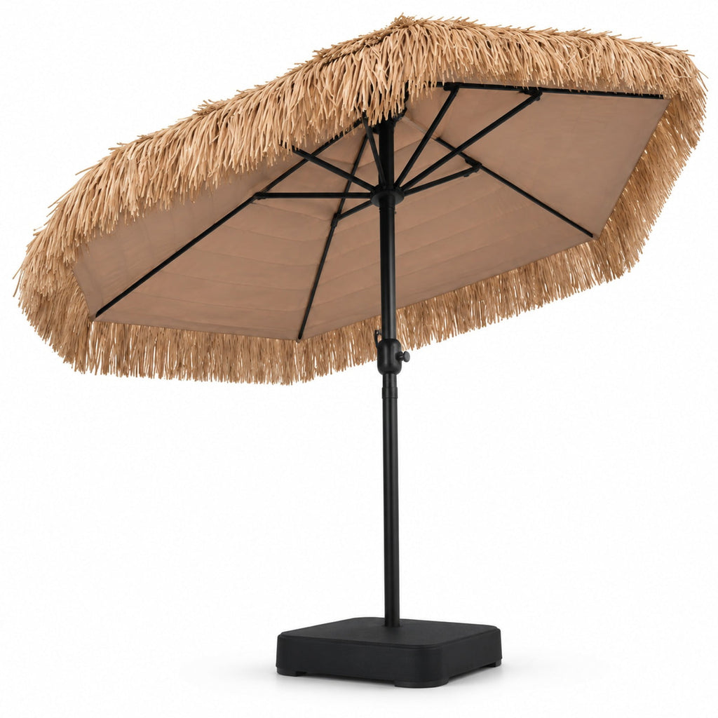 Airfind 15 x 9 FT Solar Double-Sided Patio Umbrella Base Included for Garden Bar, Polyester Fabric Metal PE Thatch ABS Frame, Brown