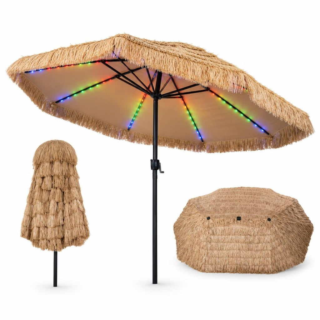 Airfind 15 x 9 FT Solar Double-sided Patio Umbrella with 144 Multi-colored Flowing Lights 12 Modes and 12 Ribs, Brown