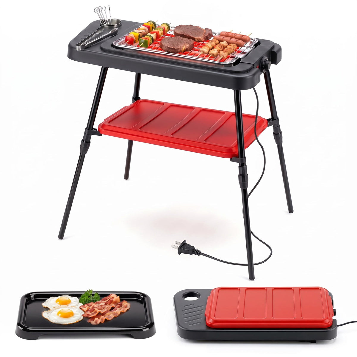 Airfind 1500W 2-in-1 Electric Grill featuring Detachable Stand and Dual Plates for Balcony, Metal PP Electroplated Chrome Enamel Zinc Sheet Frame, Red