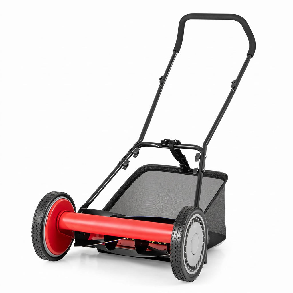Airfind 16 Inch Push Lawn Mower with 5 Steel Blades and Grass Catcher Bag, Manganese Steel Metal PVC PP Frame, Red