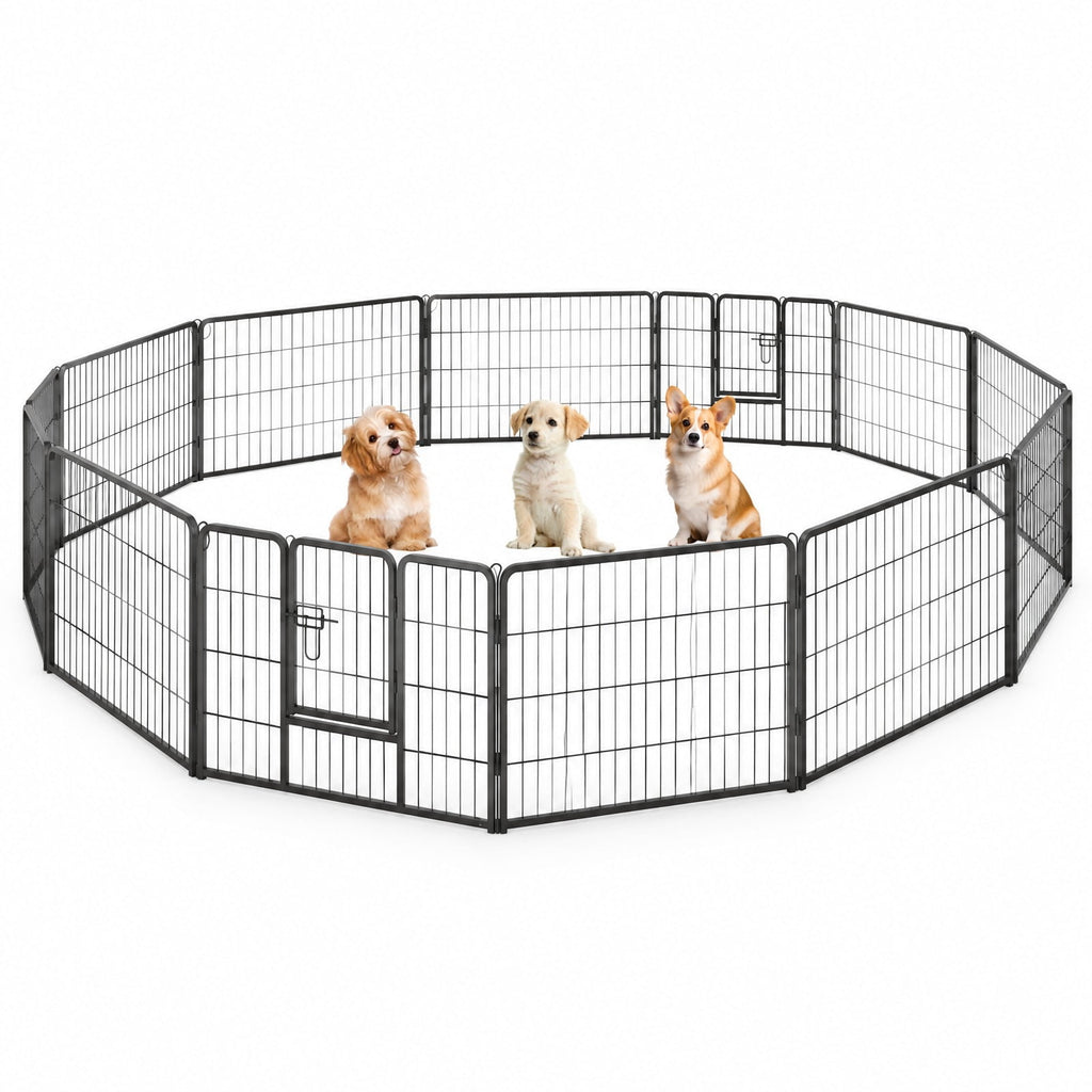 Airfind 16 Panel 24/32/40 Inches Height Dog Playpen with Lock and Large Door-24 inches, Metal Frame, Black