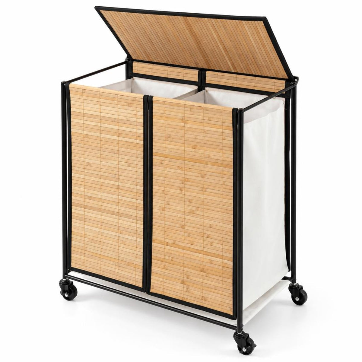 Airfind 18.5 Gal Laundry hamper with Lid 2-Section with 2 Lockable Wheels, 11 lbs Capacity, Bamboo Metal Oxford Cloth Frame, Natural