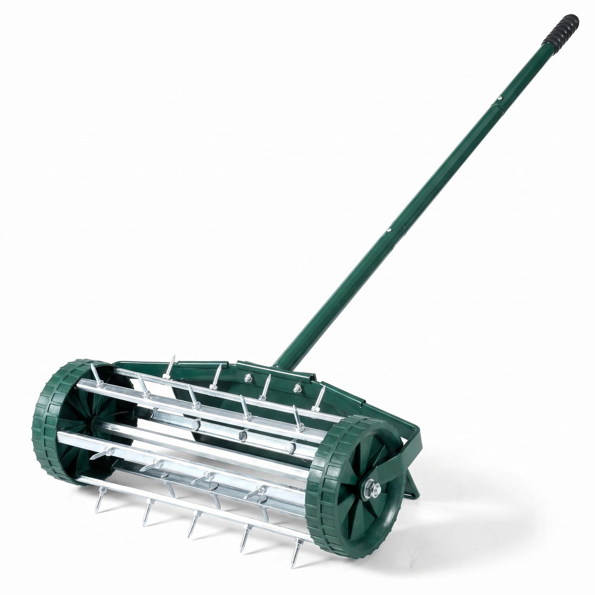 Airfind 18 Inch Rolling Lawn Aerator with Splash, Steel rubber pp Frame, 17 x 8 x 50 (L x W x H) Splash guard Footprint, Dark green and silver