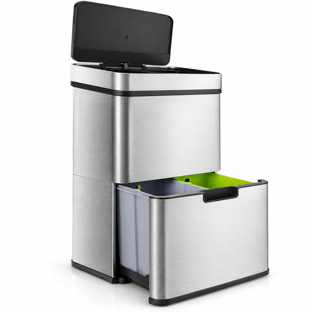 Airfind 19 Gal Stainless Steel Trash Can with Kitchen Waste Bin and 2 Bottom Recycling Bins, Stainless Steel ABS Frame, Silver