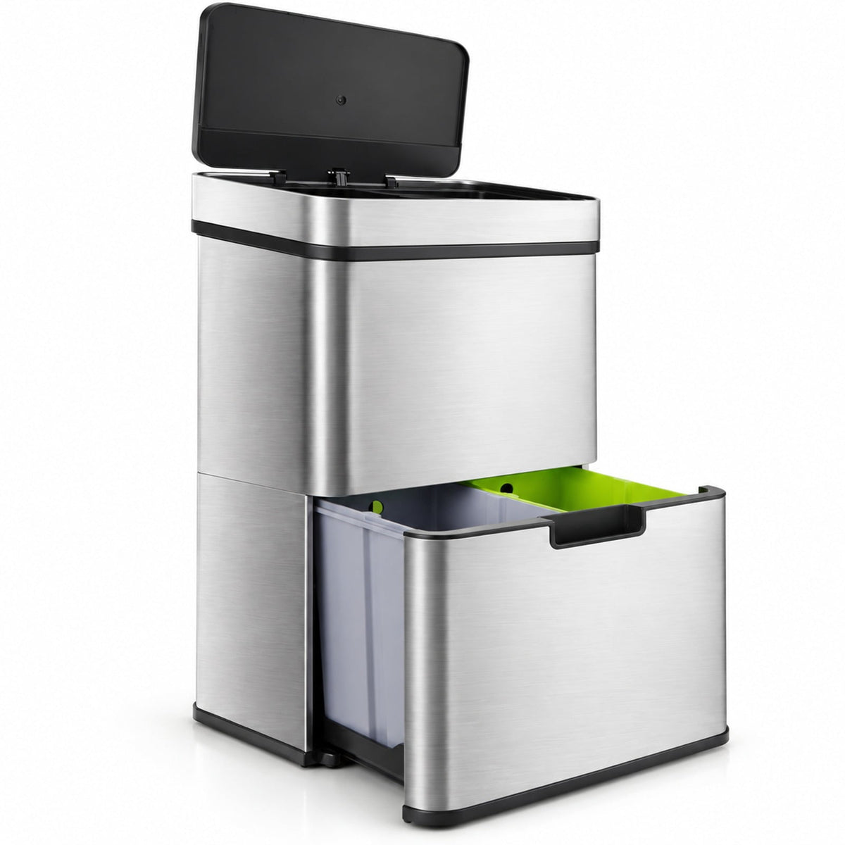 Airfind 19 Gal Stainless Steel Trash Can with Kitchen Waste Bin and 2 Bottom Recycling Bins, Stainless Steel ABS Frame, Silver