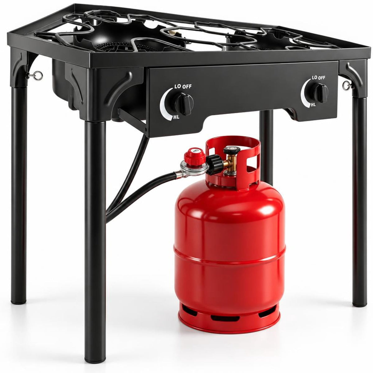 Airfind 2 Burner Propane Stove 160000 BTU with Adjustable Regulator Hose for Camping BBQ, 440 lbs Capacity, Metal Cast Iron PVC ABS Frame, Black